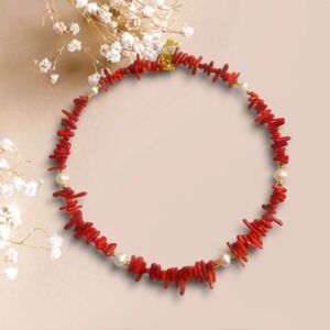 Red Coral Necklace with Freshwater Pearls.Gold Plated closure chain & clasp.